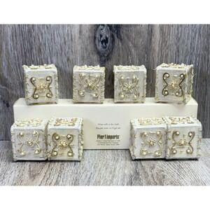 Pier 1 Imports 8 Napkin Rings Square Embellished Mesh Beads Faux Pearls Ornate